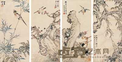 陈摩 四季花鸟图 四屏 67×32cm